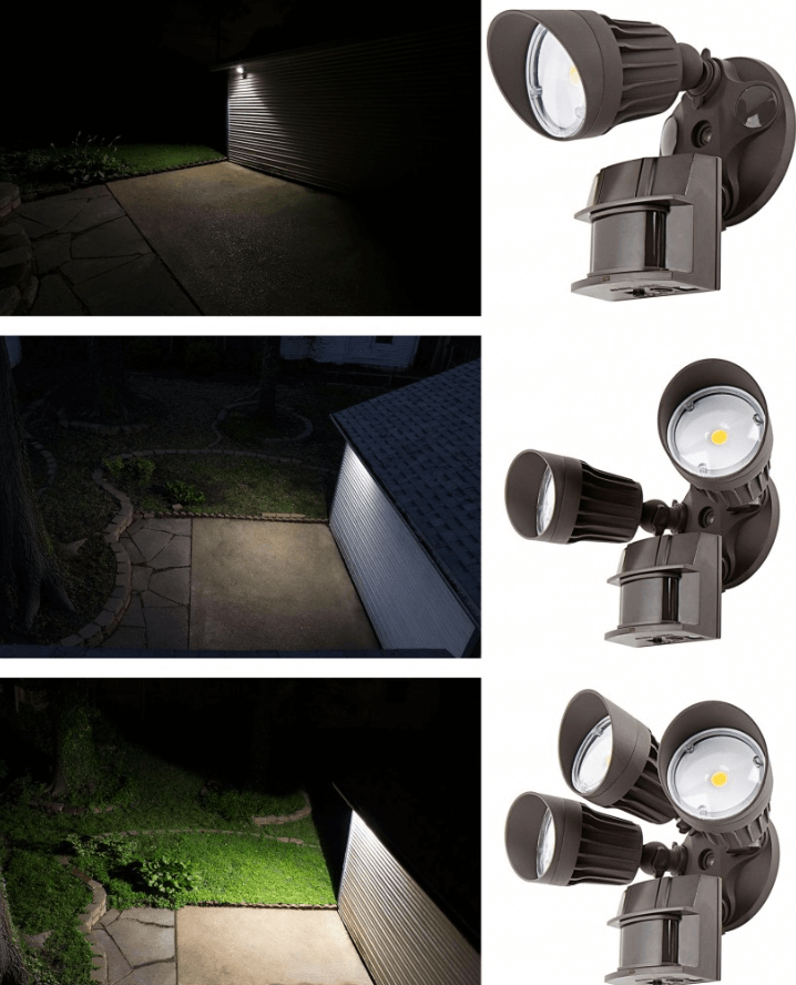 LED sensor light with 2 and 3 light fixtures to increase beam angle and brightness